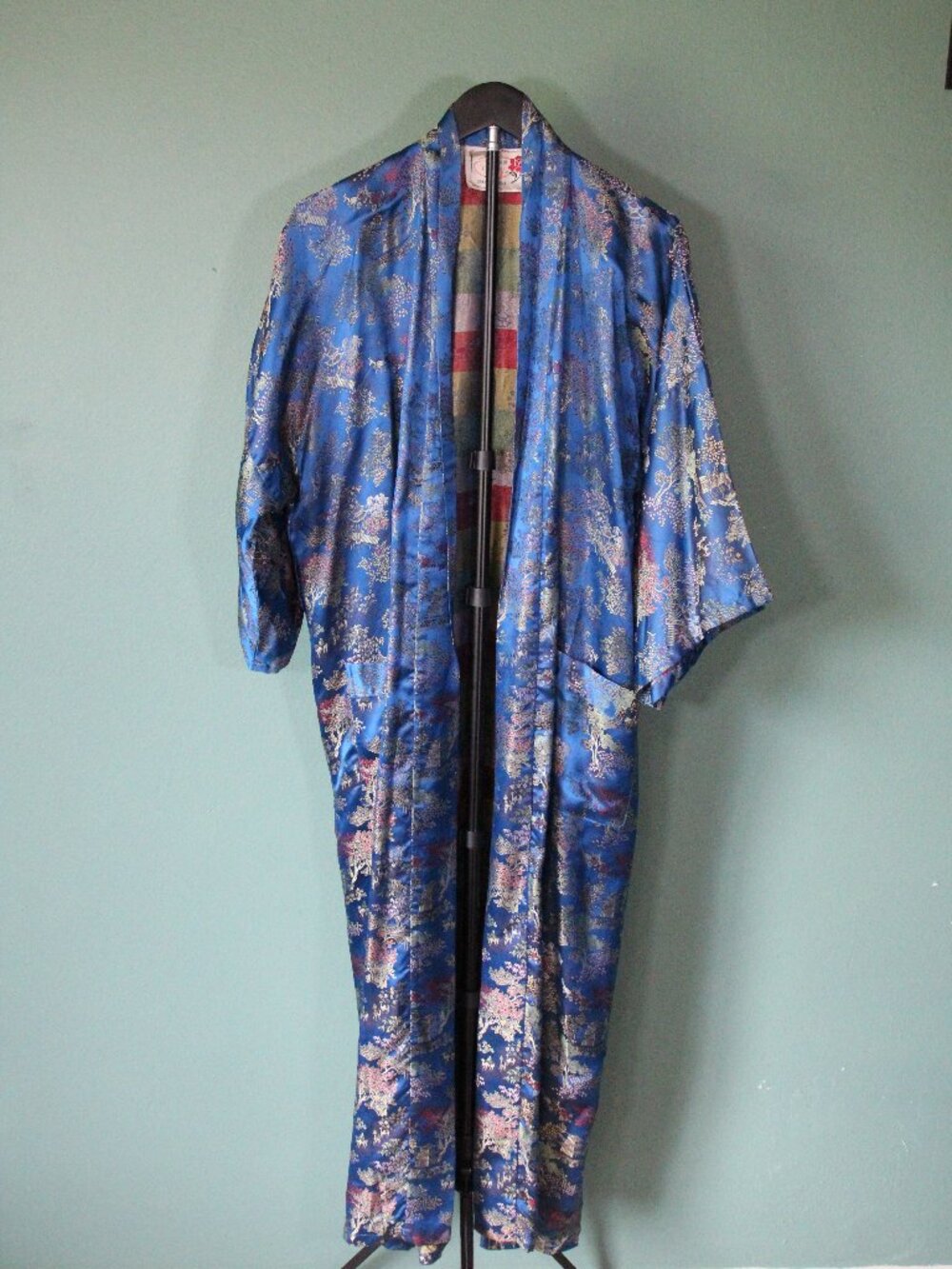 Vintage 70s-80s Peony Brand Shanghai Brocade Robe Duster Pagoda Blue (No Sash)